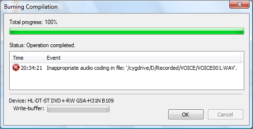 Inappropriate audio encoding in file: '/cygdrive/D/Recorded/Voice/VOICE001.WAV'